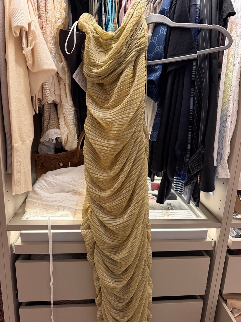 Olive-Green Draped Prom Gown with Ruched Texture